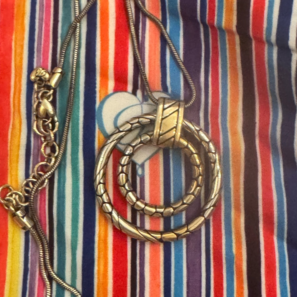 Brighton Silver and gold colored Double Ring Pendant Necklace. Dust bag.